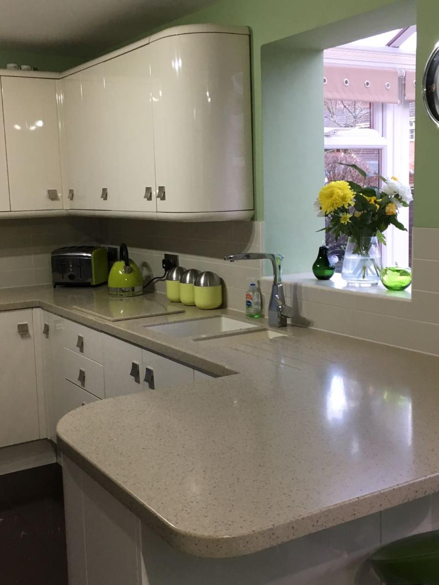 Samsung staron Tempest genesis solid surface worktops Corian sinks, waterfall edge, curved ends, Caerleon, newport